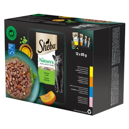 SHEBA Nature's Collection Selección variada, carne y pescado, comida húmeda para gatos sin cereales en bolsitas (en salsa), paquete grande, 85 g x 12 bolsitas