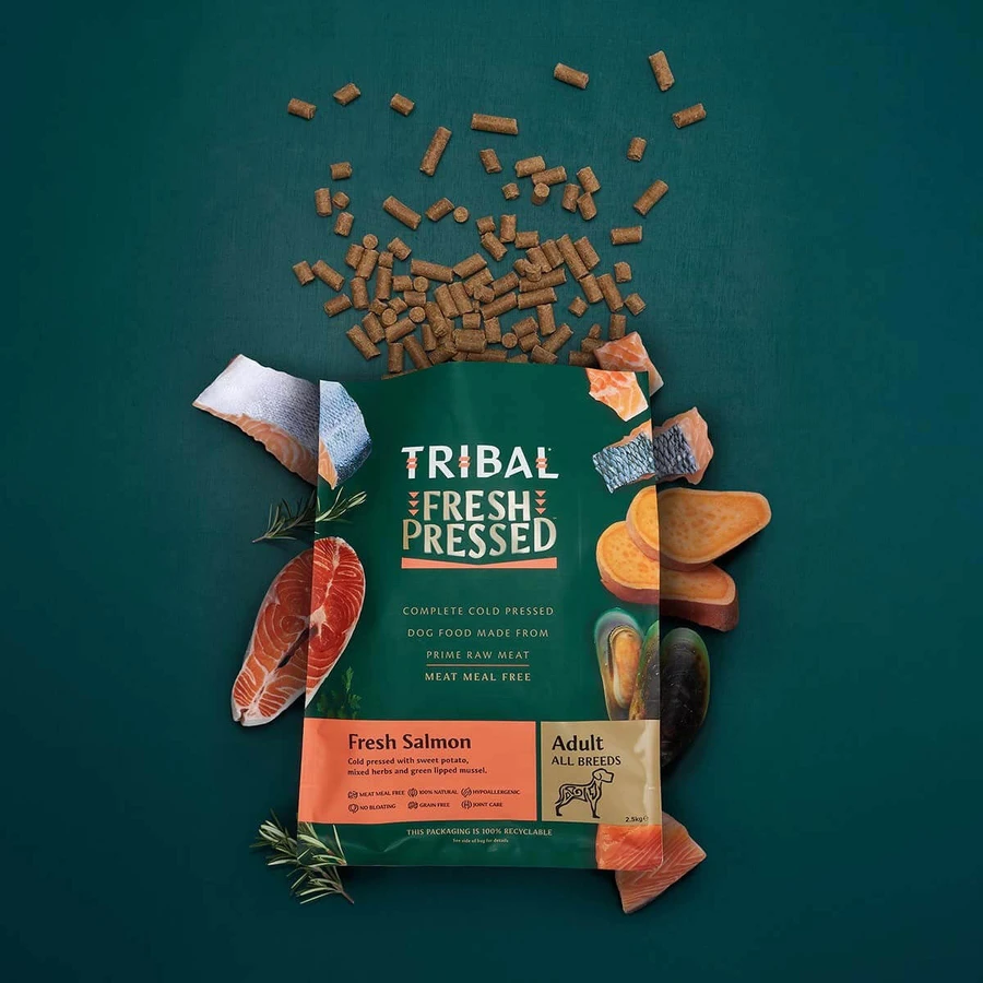 TRIBAL Fresh Pressed, XS–XL, Lachs, getreidefreies Trockenfutter für Hunde, kaltgepresst, 2,5 kg