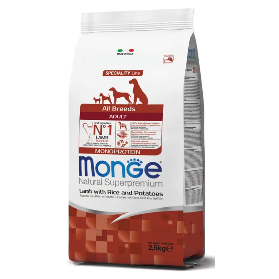 MONGE Natural Superpremium Monoprotein, XS–XL, Lamm und Reis, Trockenfutter für Hunde, 2,5 kg