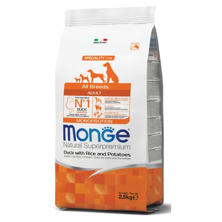 MONGE Natural Superpremium Monoprotein, XS-XL, Duck and Rice, Dry Dog Food, 2.5 kg