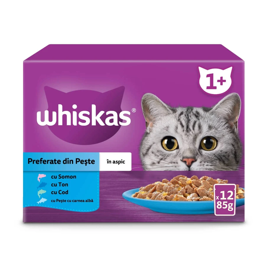 WHISKAS Selections, Fisch, Nassfutter für Katzen in Beuteln (in Gelee), Multipack, 85 g x 12