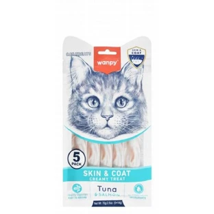 WANPY Skin & Coat Creamy Treats, tonijn en zalm, functionele kattensnacks voor huid en vacht, (puree), 70 g