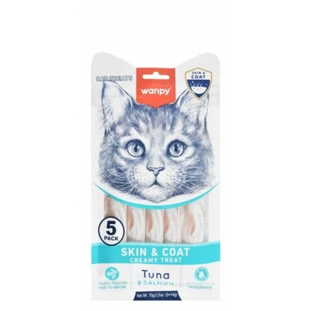 WANPY Skin & Coat Creamy Treats, tonijn en zalm, functionele kattensnacks voor huid en vacht, (puree), 70 g