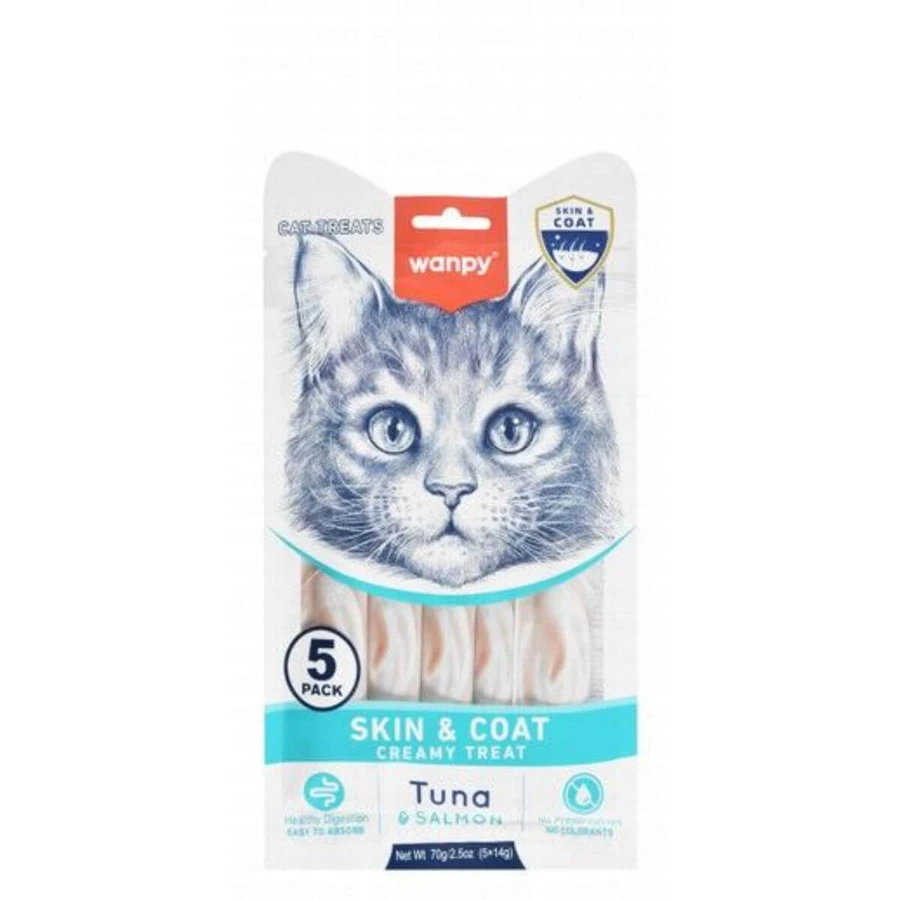 WANPY Skin & Coat Creamy Treats, tonijn en zalm, functionele kattensnacks voor huid en vacht, (puree), 70 g