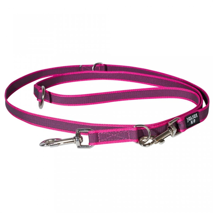JULIUS-K9 Color & Gray, doppelt verstellbare, rutschfeste Hundeleine mit Griff, 2 Karabiner, 50 kg, Stoff, Gurtband, 20 mm x 2,2 m, Rosa