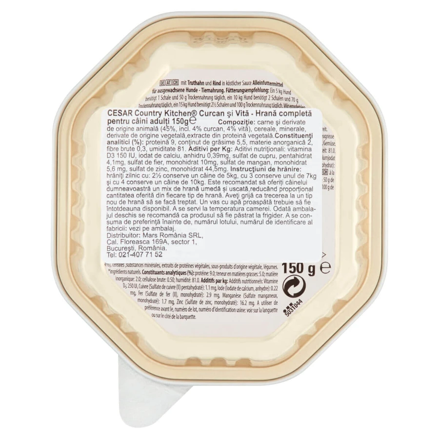 Ragoût CESAR « Country-Style » à la dinde, au bœuf et aux herbes, barquette d'aliments humides pour chien (dans son jus), 150 g