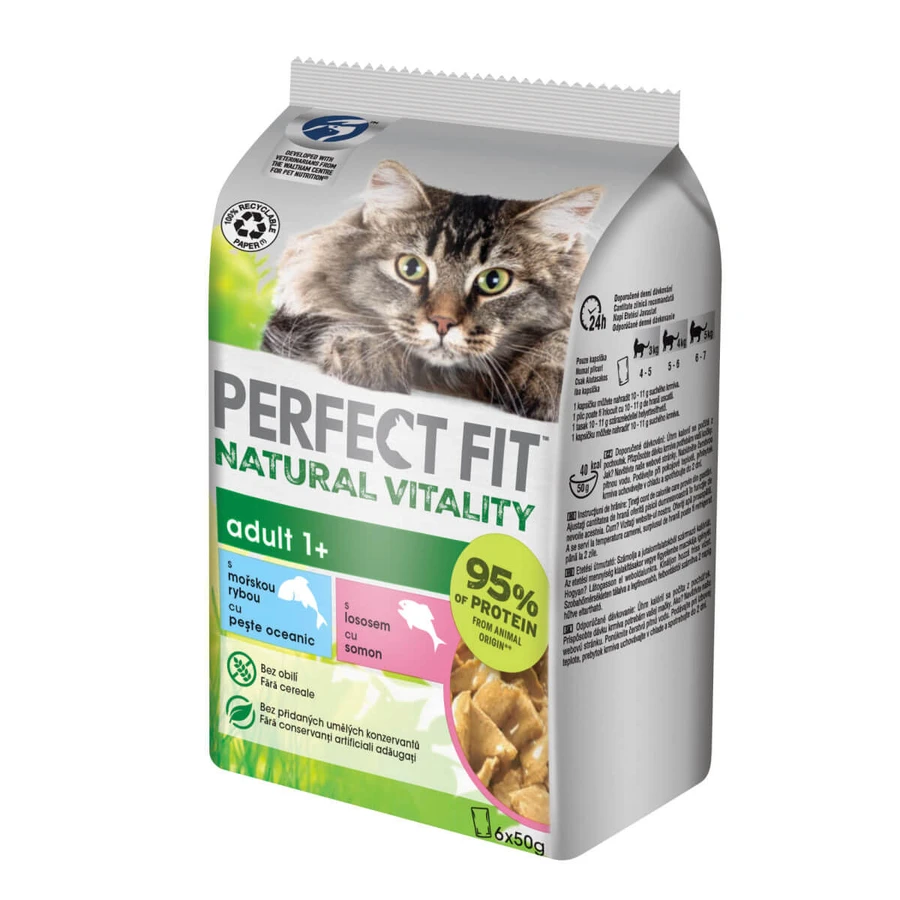 PERFECT FIT Natural Vitality, salmón y pescado, comida húmeda para gatos sin cereales en bolsitas (en salsa), paquete múltiple, 50 g x 6