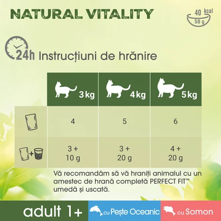 PERFECT FIT Natural Vitality, salmón y pescado, comida húmeda para gatos sin cereales en bolsitas (en salsa), paquete múltiple, 50 g x 6
