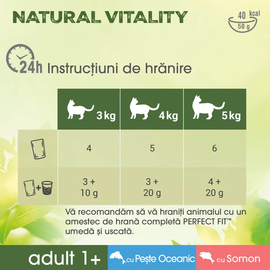 PERFECT FIT Natural Vitality, salmón y pescado, comida húmeda para gatos sin cereales en bolsitas (en salsa), paquete múltiple, 50 g x 6
