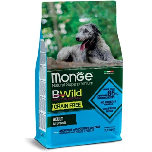 MONGE BWild, XS-XL, Anchoas y patatas, pienso seco para perros sin cereales, 2,5 kg