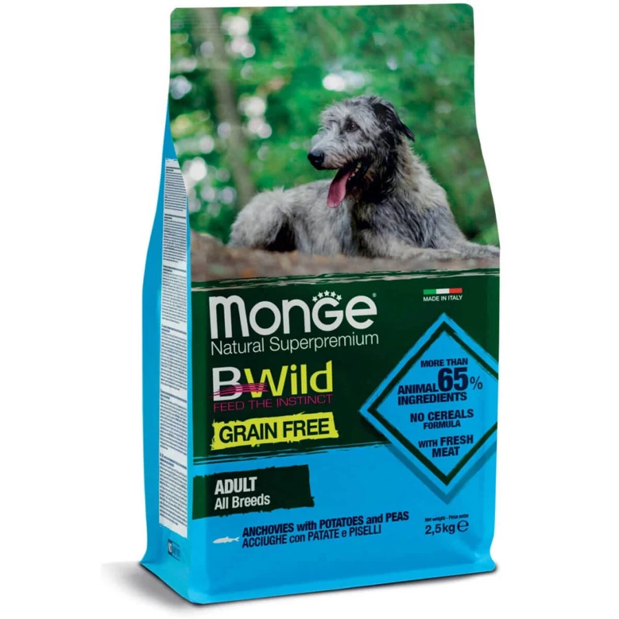 MONGE BWild, XS-XL, Anchoas y patatas, pienso seco para perros sin cereales, 2,5 kg