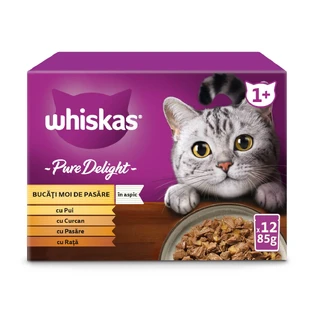 WHISKAS Pure Delight, Poultry, wet cat food pouches (in aspic), multipack, 85g x 12