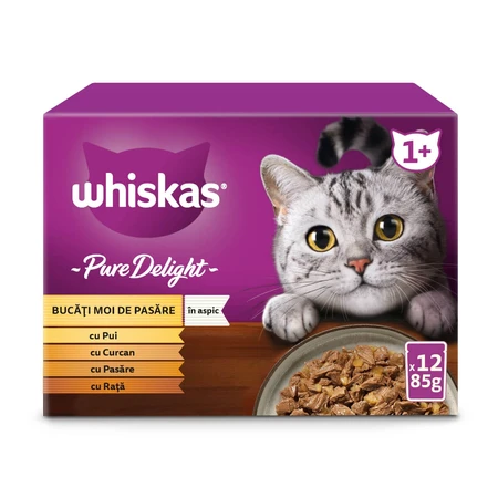 WHISKAS Pure Delight, Poultry, wet cat food pouches (in aspic), multipack, 85g x 12