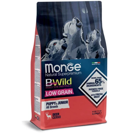 MONGE BWild Puppy & Junior, XS-XL, Venison, Low-Grain Dry Food for Junior Dogs, 2.5 kg