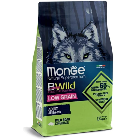 MONGE BWild, XS–XL, Wildschwein, Trockenfutter mit geringem Getreideanteil, 2,5 kg