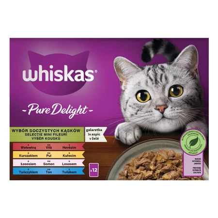 WHISKAS Pure Delight Mixed Selection, Rind, Huhn, Lachs und Thunfisch, Nassfutter für Katzen in Beuteln (in Aspik), Multipack, 85 g x 12