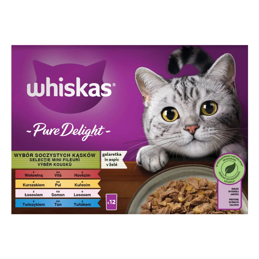 WHISKAS Pure Delight Mixed Selection, Rind, Huhn, Lachs und Thunfisch, Nassfutter für Katzen in Beuteln (in Aspik), Multipack, 85 g x 12