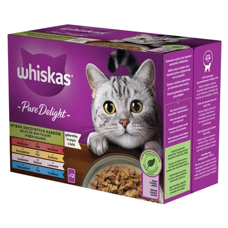 WHISKAS Pure Delight Mixed Selection, Rind, Huhn, Lachs und Thunfisch, Nassfutter für Katzen in Beuteln (in Aspik), Multipack, 85 g x 12