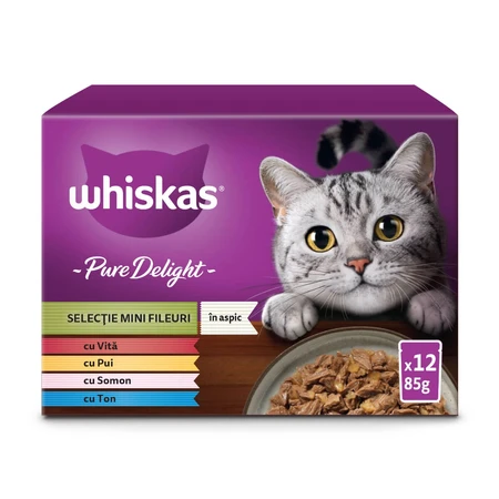 WHISKAS Pure Delight Mixed Selection, Rind, Huhn, Lachs und Thunfisch, Nassfutter für Katzen in Beuteln (in Aspik), Multipack, 85 g x 12