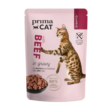 PRIMA CAT Classic, Rundvlees, graanvrije natte kattenvoeding in zakjes (in saus), doos, 85 g x 28 zakjes