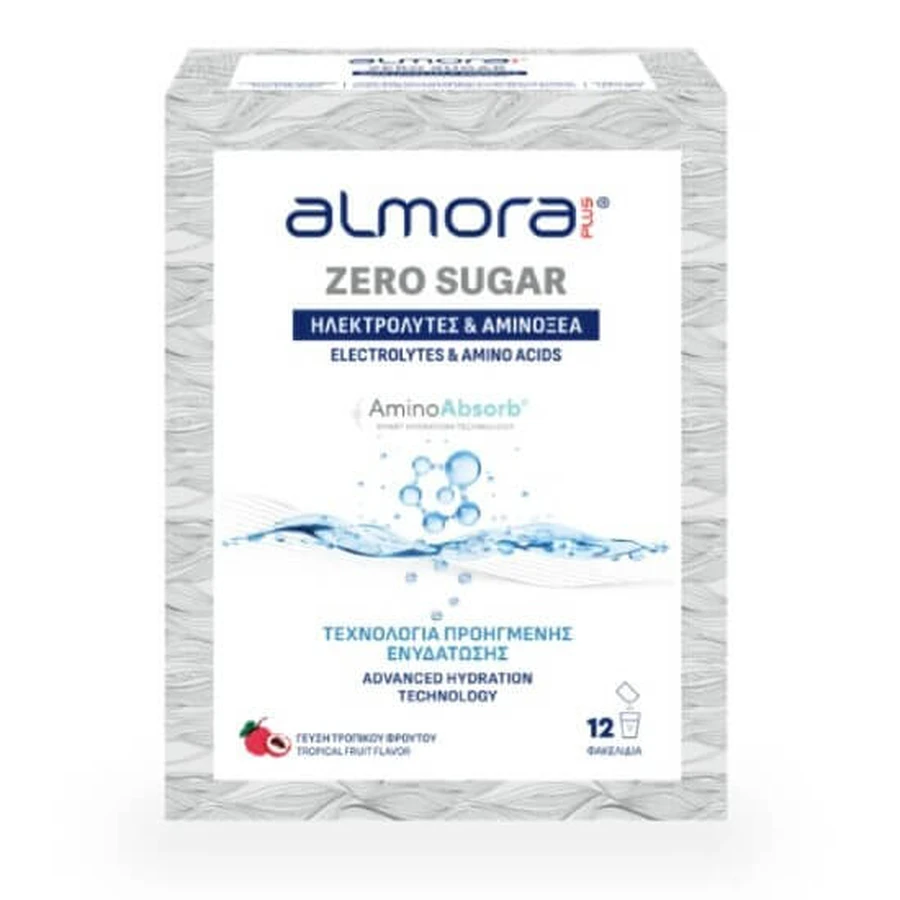 ALMORA Zero Sugar Amino Absorb : électrolytes enrichis en acides aminés pour une hydratation avancée sans sucre, 12 sachets