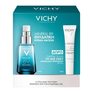 VICHY Promo Mineral 89 Eyes hydraterende oogcrème, 15 ml & gratis Capital Soleil UV-AGE anti-fotoveroudering gezichtszonnebrandcrème SPF 50+, 15 ml, 1 set