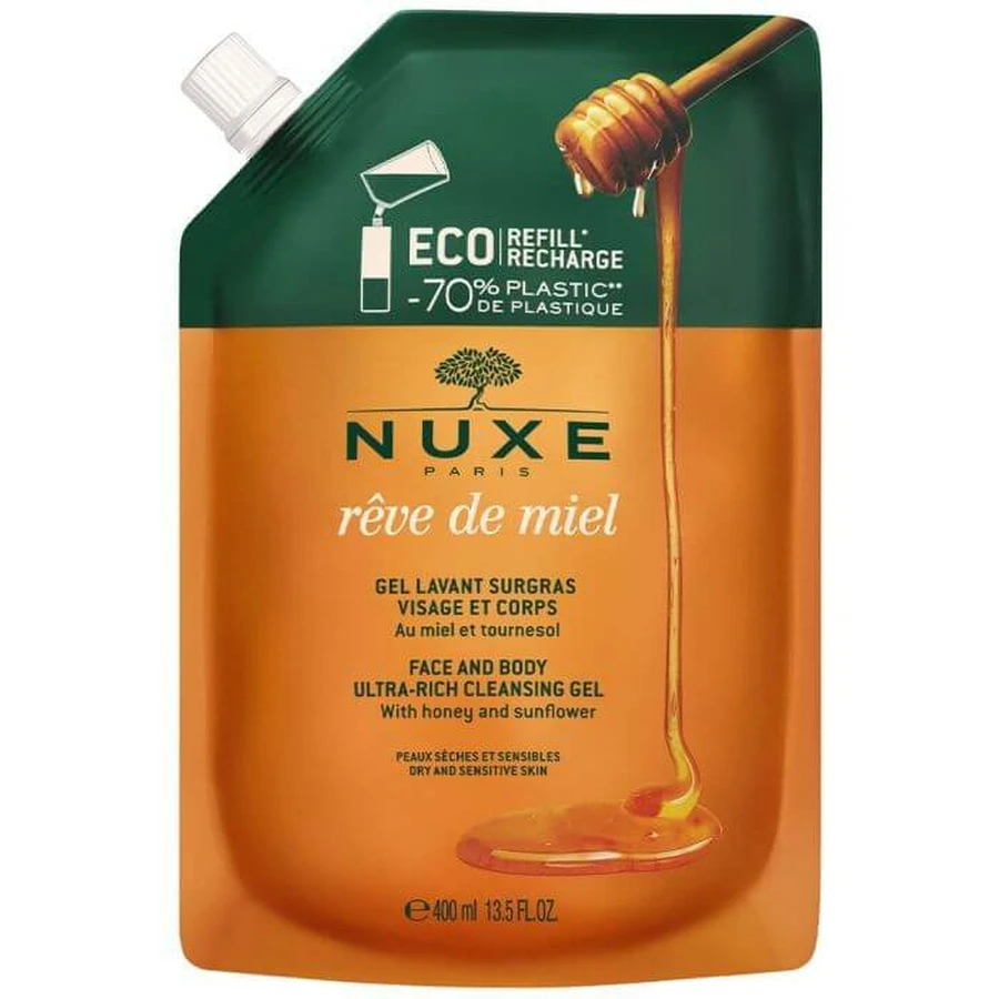 NUXE Reve De Miel Rijke Reinigingsgel voor lichaam en gezicht, voor de droge en gevoelige huid, navulling, 400 ml