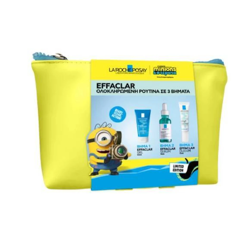 LA ROCHE POSAY Effaclar reinigingsgel, 50 ml, Effaclar serum tegen hardnekkige onzuiverheden, 15 ml & Effaclar Duo+M corrigerende crème tegen onzuiverheden, 15 ml & gratis Minions-toilettas, 1 stuk, 1 set