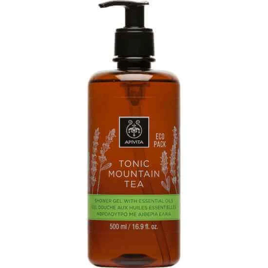 APIVITA Eco Pack Gel de ducha tónico de té de montaña con aceites esenciales, con té verde y aceites esenciales, 500 ml