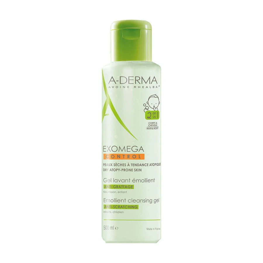 A-DERMA Exomega Control Gel nettoyant apaisant 2 en 1 pour peaux qui démangent, pour les cheveux et le corps, 500 ml