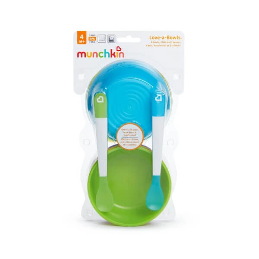Munchkin | Love-a-Bowls: 4 Bowls with Lids and 2 Spoons, for Ages 4 Months and Up | 4-Piece Set
