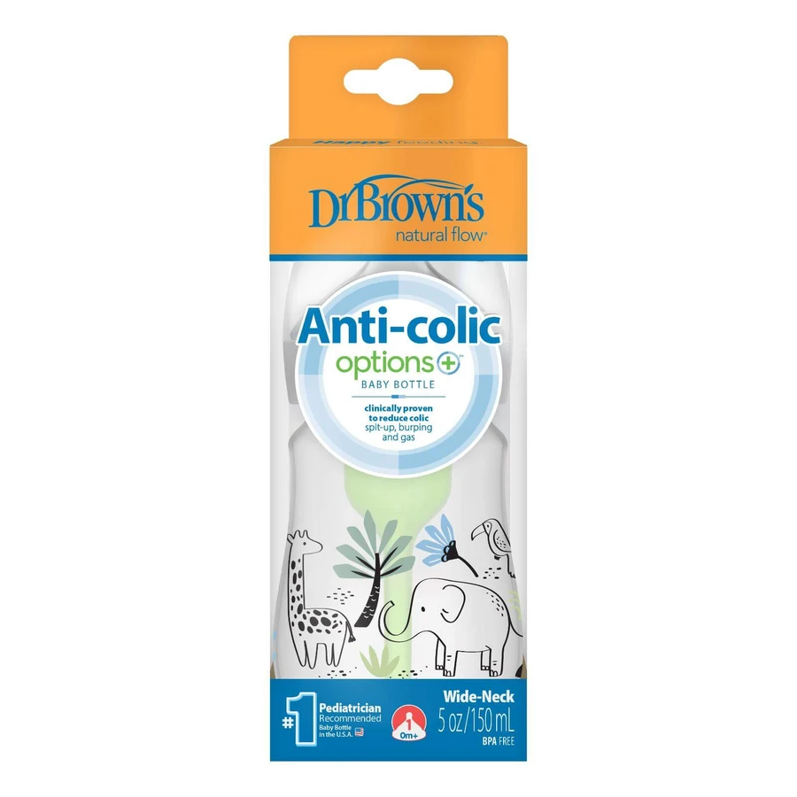 Dr. Brown's | Biberon en plastique anti-coliques Options+ à col large, 0 mois et plus, motif éléphant | 150 ml