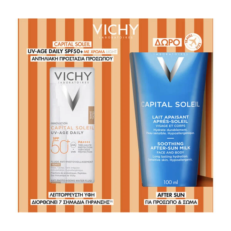 Vichy | Aanbieding: Capital Soleil UV-Age Daily Pigment Light SPF 50+, 40 ml, lichte getinte zonnebrandcrème voor het gezicht &amp; gratis 100 ml aftersunlotion