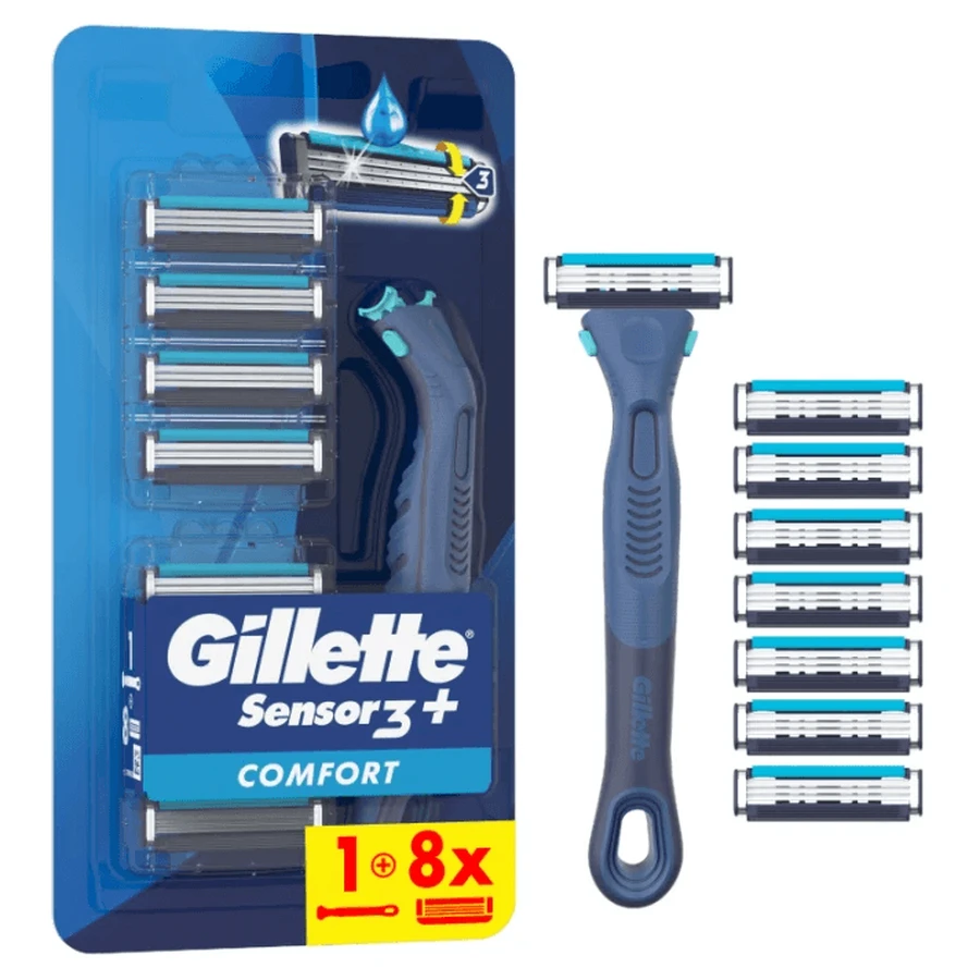 Gillette | Maquinilla de afeitar para hombre Sensor3+ Comfort con mango ergonómico y 8 cabezales de recambio