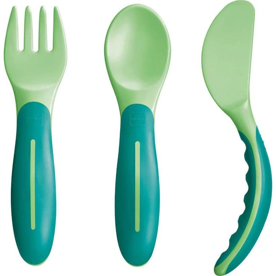 Mam | Couverts pour bébé | Ensemble fourchette, cuillère et couteau 6 mois et plus, vert | Ensemble de 3 pièces