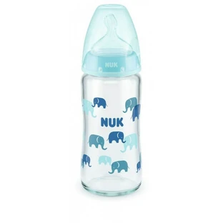 Nuk | Biberón de cristal anticólicos con control de temperatura «First Choice Plus» y tetina de silicona, azul cielo con elefantes, para 0-6 meses | 240 ml 