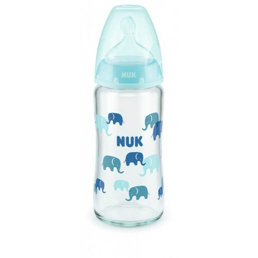 Nuk | Biberón de cristal anticólicos con control de temperatura «First Choice Plus» y tetina de silicona, azul cielo con elefantes, para 0-6 meses | 240 ml 