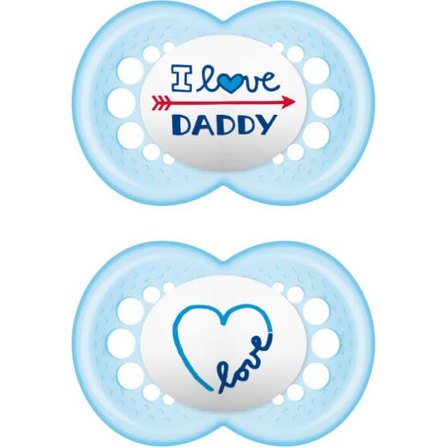 Mam | I Love Mummy & Daddy | Siliconenfopspeen voor kinderen vanaf 16 maanden | Blauw | Set van 2