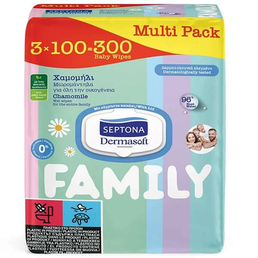 Septona | Dermasoft Family Babyfeuchttücher für die ganze Familie mit Kamille | 3 x 100 Tücher