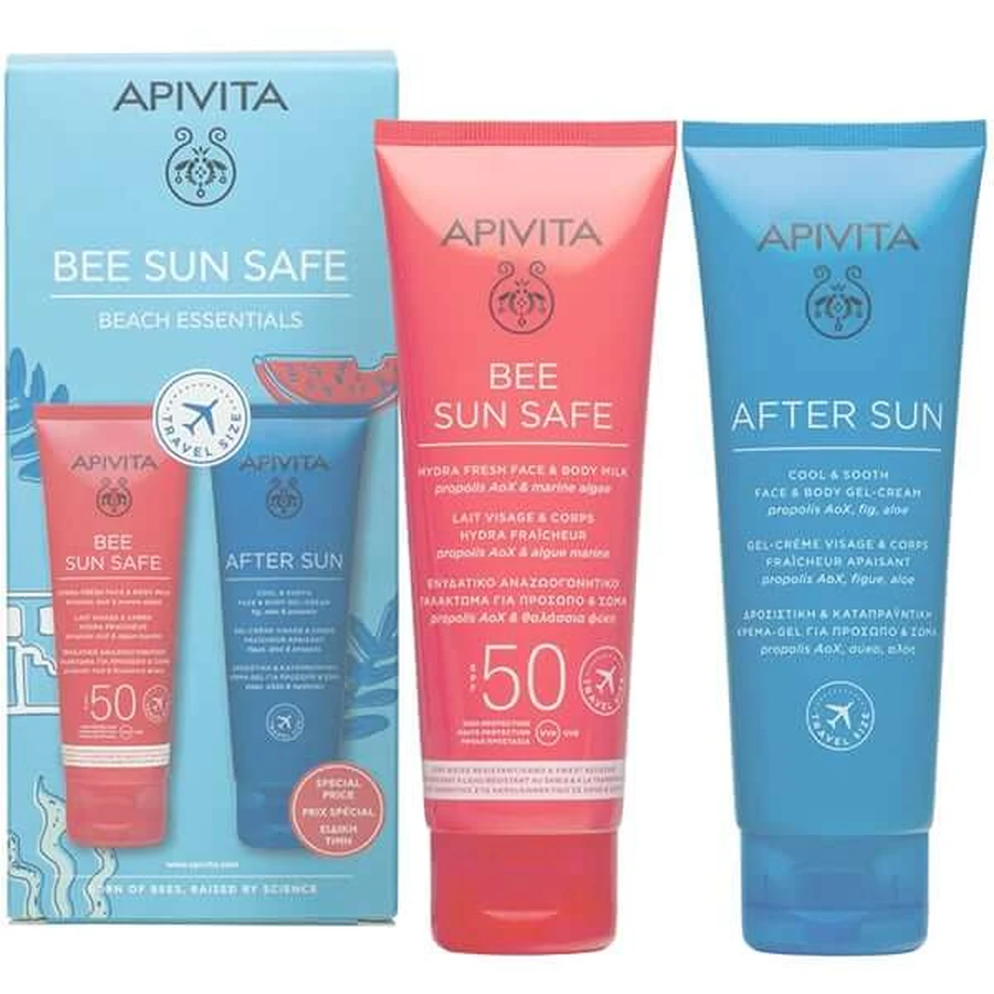 Apivita | Promo Bee Sun Safe Beach Essentials Moisturizing and Revitalizing Lotion for Face &amp; Body SPF50, 100ml &amp; After Sun Cool &amp; Sooth for Face &amp; Body, 100ml | 1 set