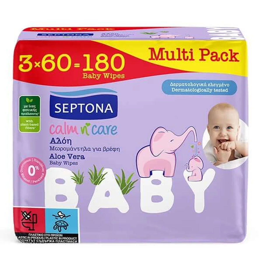 Septona | Calm n' Care Aloe Vera Baby Wipes with Aloe | 3 x 60 sheets 