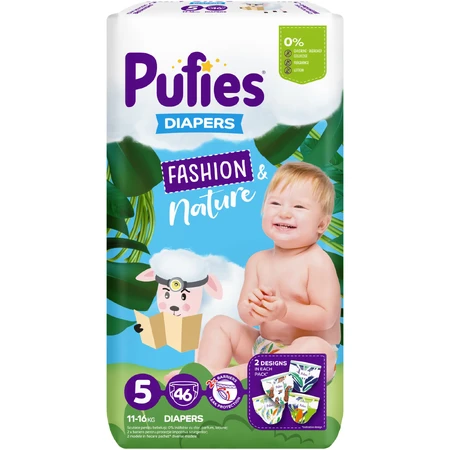 Pañales Junior Fashion &amp; Nature, nº 5, 11-16 kg, 46 piezas, Pufies