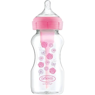 Dr. Brown's | Biberon en plastique anti-colique Options+ à col large avec tétine en silicone, 270 ml, dès la naissance, motif fleurs roses | 1 pièce
