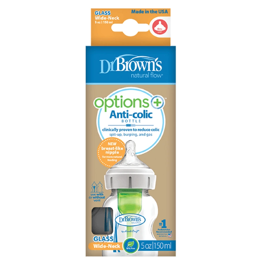 Dr. Brown's | Options+ Anti-Kolik-Glasflasche mit weitem Flaschenhals und Silikonsauger 0 Monate+ | 150 ml