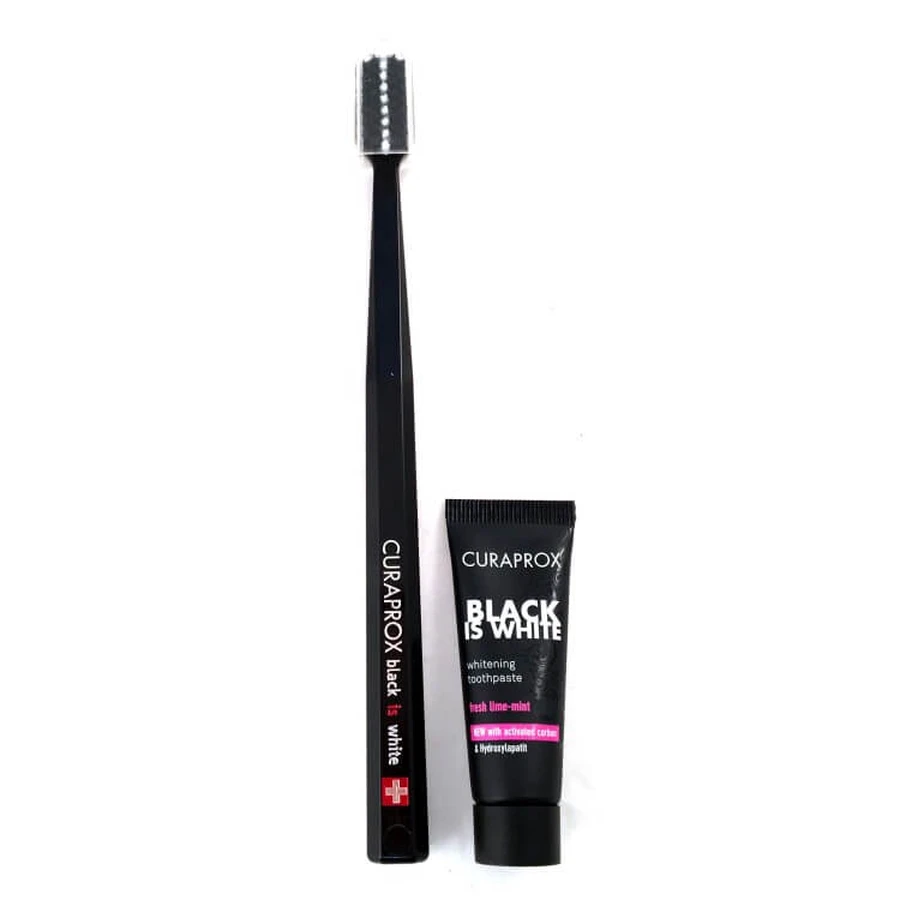 Curaprox | Black Is White | Toothbrush (1 pc) &amp; Whitening Fresh Lime-Mint Toothpaste | 8 ml