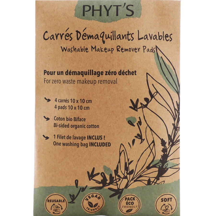 PHYT'S WASHABLE MAKEUP REMOVER SQUARES, 4 SQUARES, 10X10CM