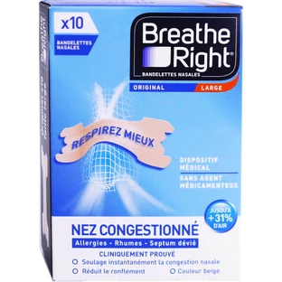 TIRAS NASALES BREATHE RIGHT ORIGINAL GRANDES, PAQUETE DE 10