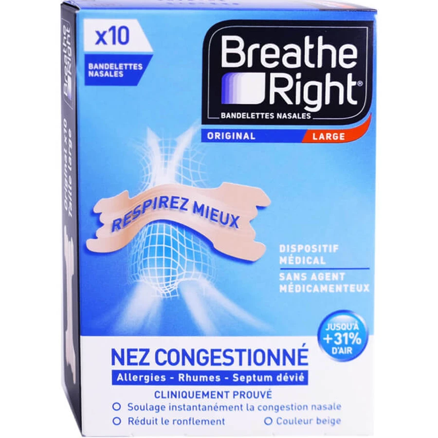 TIRAS NASALES BREATHE RIGHT ORIGINAL GRANDES, PAQUETE DE 10