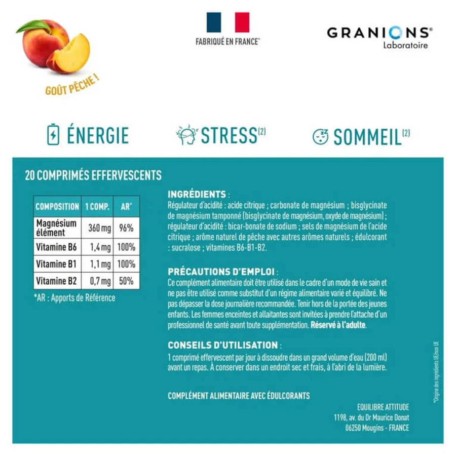 GRANIONS BISGLICINATO DE MAGNESIO 360 MG, SABOR A MELOCOTÓN, 20 COMPRIMIDOS