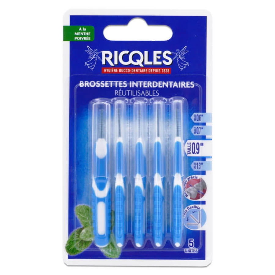 RICQLES 5 CEPILLOS INTERDENTALES DE 0,9 MM CON SABOR A MENTA
